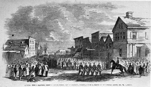 Union troops marching through Fernandina. A <em>Harper's Weekly</em>illustration of the Union occupation of the Florida town. (<em>Florida State Archives</em>)