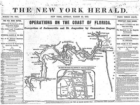 New York Herald. This national newspaper carried a headline and map noting the successes of Union Admiral Francis DuPont in northeast Florida in early 1862.