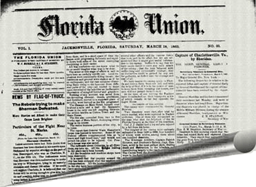 The Florida Union newspaper. This example, showing the newspaper's masthead, was published in Union-occupied Jacksonville in March 1865.