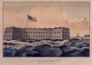 Lithograph of Fort Pickens. Published by the Currier and Ives firm of New York, this is an idealized image of the fort. The turbulent water around the fort may have been rendered as representative of the crisis in 1861. The large United States flag flies as a symbol of Union resolve to hold the fort against southern demands for its surrender. (Collections of the Museum Florida History)
