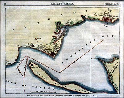 "The Harbor of Pensacola, Showing the Forts and Navy Yard." A map from Harper's Weekly, February 1861, shows Union-held Fort Pickens on Santa Rosa Island, with the mainland held by southern troops (hand-colored at a later date).