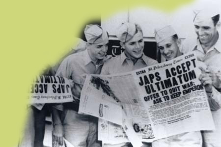 Soldiers outside of the St. Petersburg Times reading about the end of the war