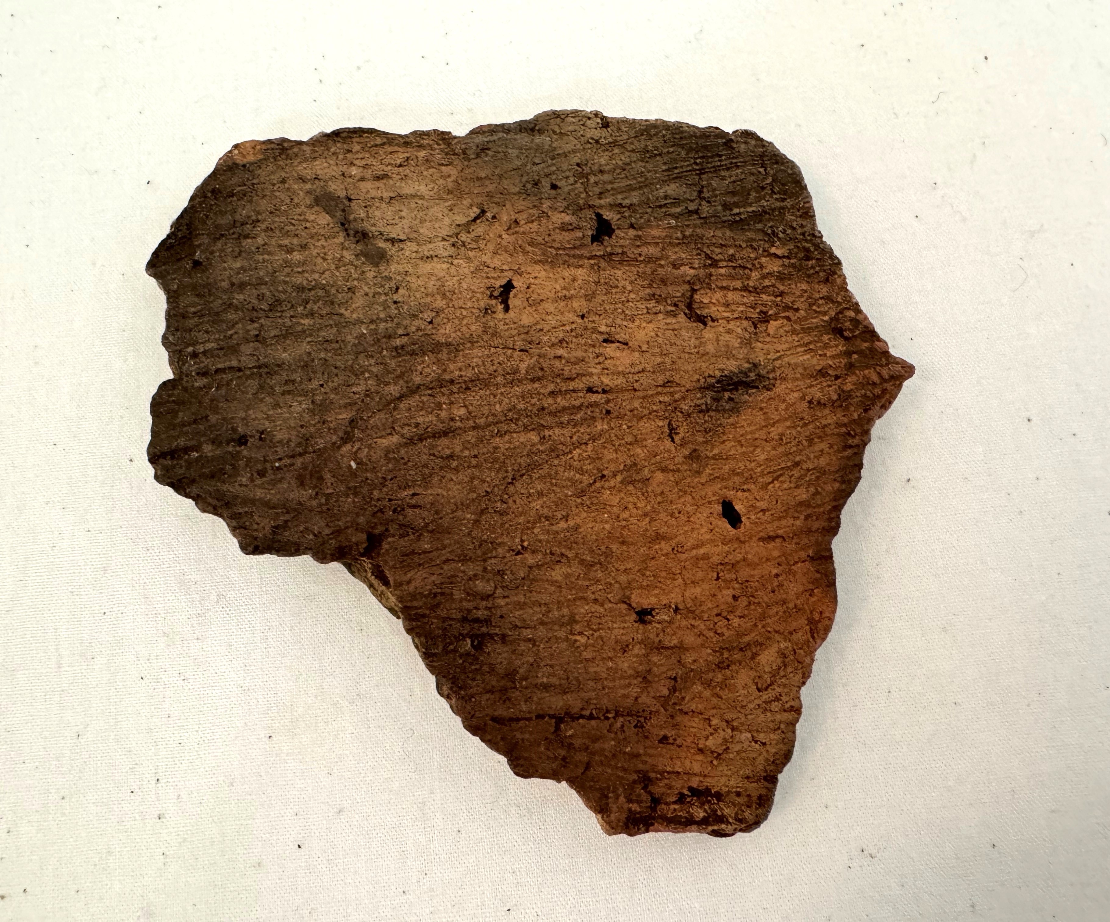 Chattahoochee Brushed pottery sherd, Creek/Seminole, ca. 1800s