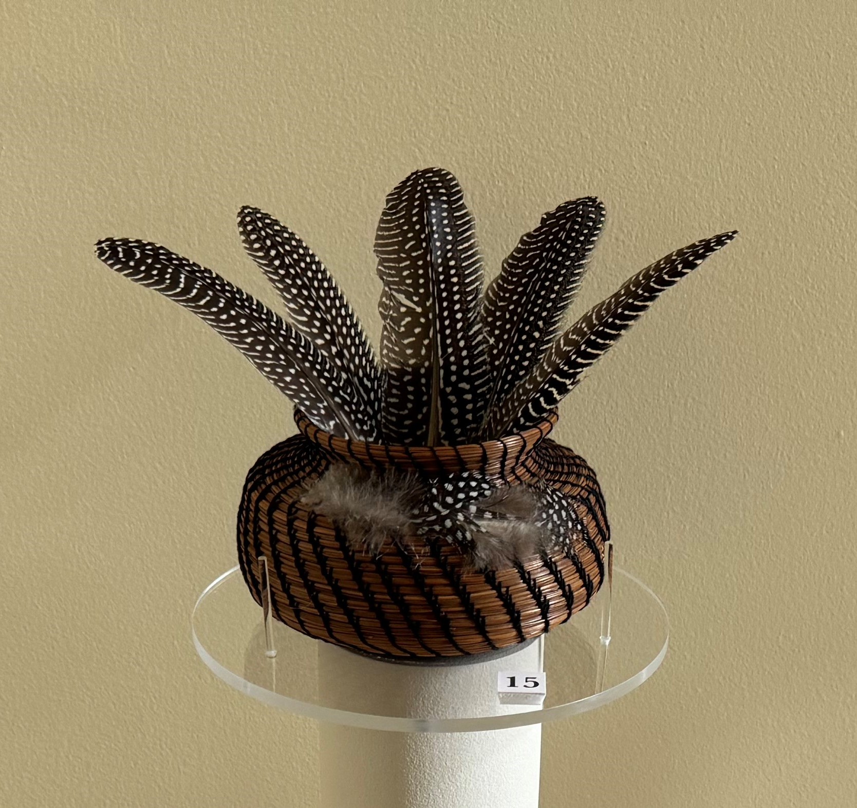 Traditional Creek Indian pine needle basket by artist Connie Palmer, 1991