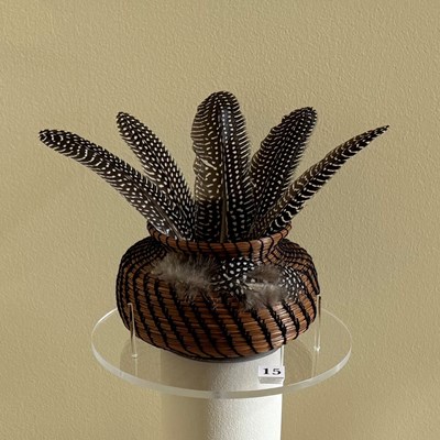 Traditional Creek Indian pine needle basket by artist Connie Palmer, 1991