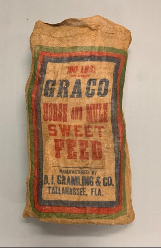 Graco Horse and Mule Sweet Feed bag. Gramling’s operated a feed manufacturing plant called GRACO, which was short for Gramling Company. Collection of the Museum of Florida History