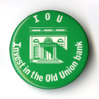 I.O.U. button, ca. 1981