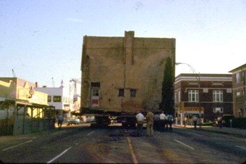 Back of the Union Bank Building as it moves from Adams Street to its location on the corner of Apalachee Parkway and Calhoun Street, October 1971.